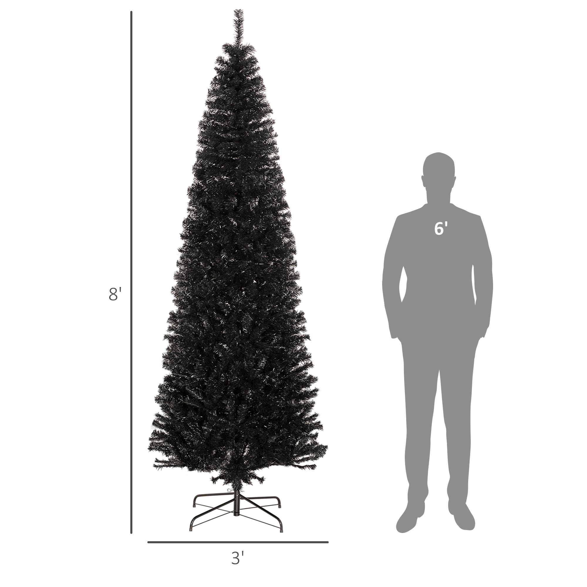 Árbol de Navidad en Forma de Lápiz HOMCOM de 8 pies, Árbol de Navidad Artificial Sin Luces Delgado de Abeto Douglas para Navidad con Ramas Realistas, Árbol de Halloween con 1168 Puntas, Negro