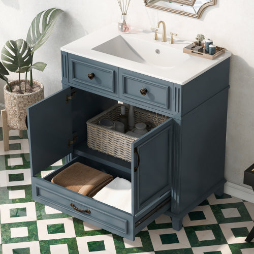 Lavabo de baño de 30'' con fregadero de cerámica, gabinete de almacenamiento de baño con marco de madera maciza y puertas de cierre suave, estilo retro, azul