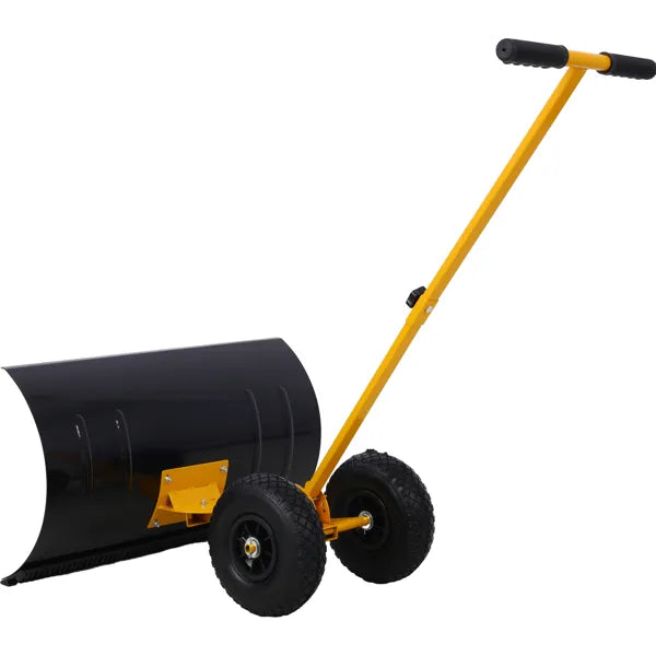 Pala de nieve con ruedas, Empujador de nieve, Mango ajustable con ángulo acolchado Herramienta para remoción de nieve, Cuchilla de 29", Ruedas de 10", Color amarillo