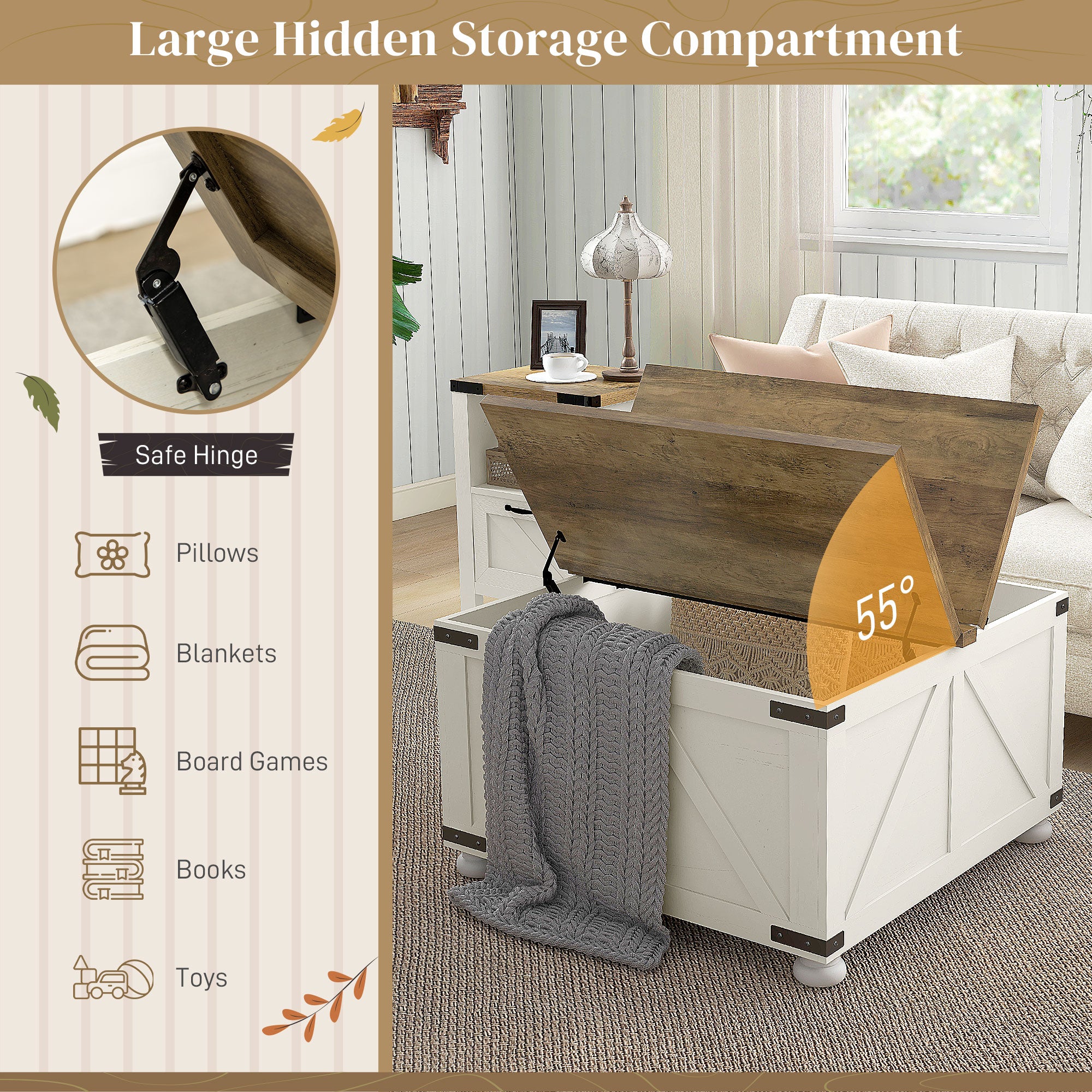 Rustic Wood Storage Table Oak Flip-Top Lids