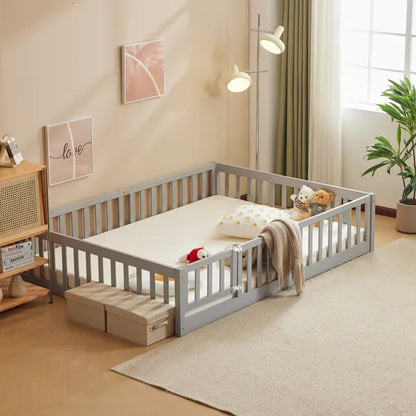 Gray Painted Pine Wood Playpen Bed With Door And Board, Full-size Children's Wooden Bed
