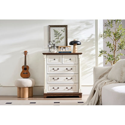 Farmhouse Style 5 Drawer Dresser Chest With Base Wooden Rustic Chest Of Drawers, Storage Dresser Organizer For Bedroom, Living Room, Beautiful Sturdy And Durable