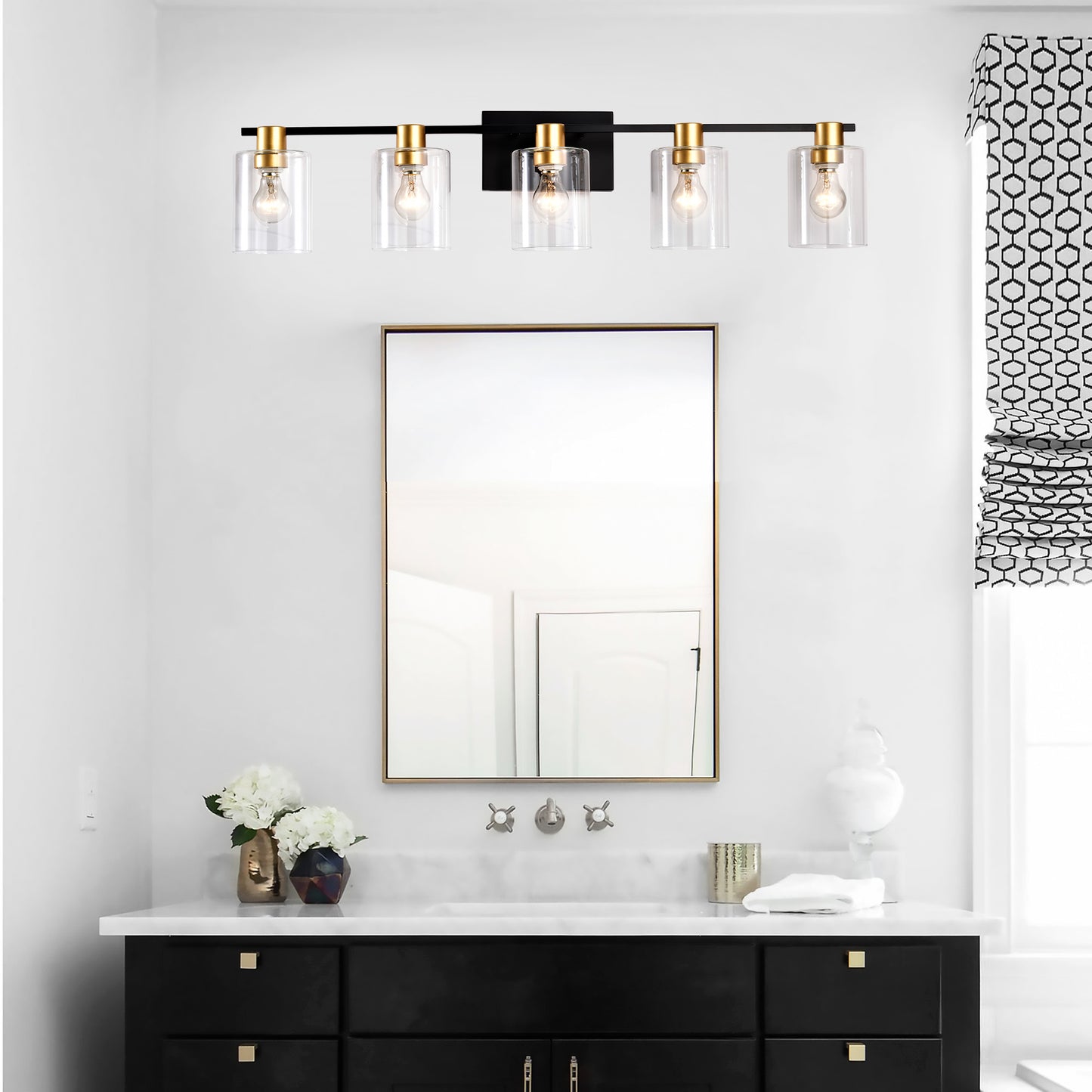 5-Lichtige Badezimmerleuchten in mattschwarzer und mattgoldener Farbe, moderne Waschtischleuchten mit Glasschirm, Vintage-Leuchten für Badezimmer über dem Spiegel, Wandlichter für Küche, Esszimmer, Schlafzimmer und Flur