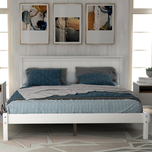 Estructura de Cama Plataforma con Cabecero, Soporte de Listones de Madera, No se Requiere Resorte de Caja, Talla Queen, Blanco