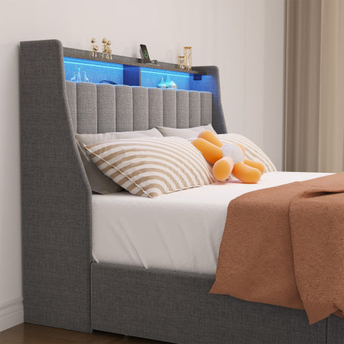 Estructura de Cama de Tamaño Completo con LED, 4 Cajones de Almacenamiento Portátiles Bajo la Cama, Diseño de Cabecero con Alas, Gris Claro