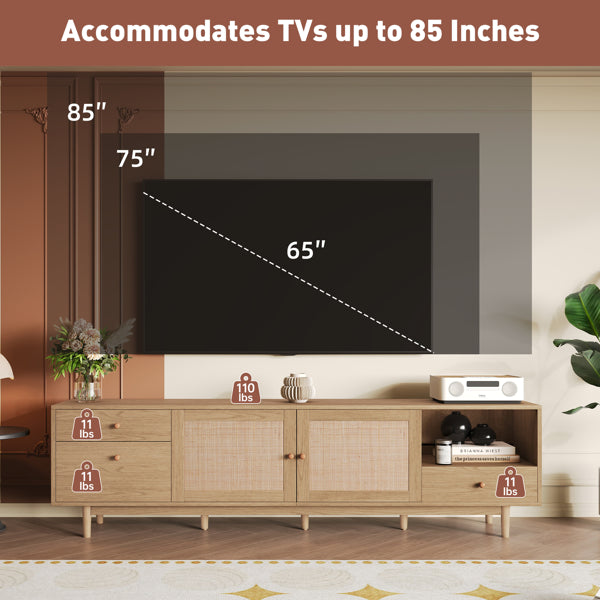 Mueble de TV Boho para televisores de 65, 75, 85 pulgadas, centro de entretenimiento con almacenamiento abierto y cajones, consola de TV de medios de madera moderna con ratán natural