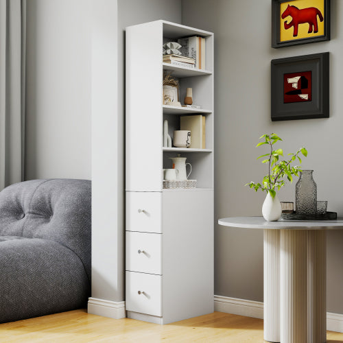 Gabinete de Almacenamiento para Pantalla de 70.87 H, Estante de 4 Niveles, 3 Cajones Laterales, Estantería Alta Moderna de Madera para Libros para Sala de Estar o Oficina en Casa