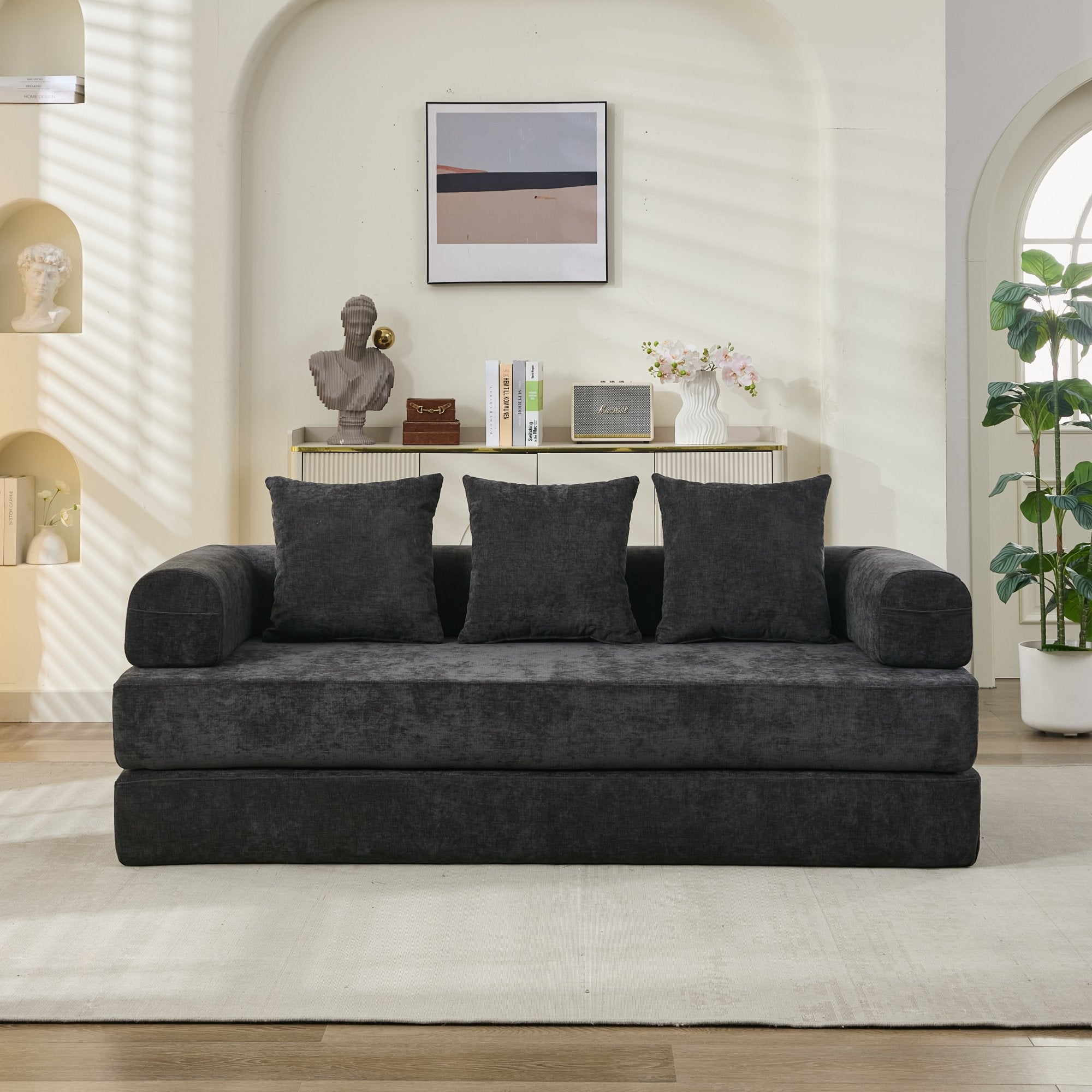 Sofá Cama Plegable Convertible Cómodo, Sofá Cama de Suelo, Sofá de Suelo de Chenille con Reposabrazos, Sofá Lounge de Suelo para Sala de Estar, Dormitorio, Lounge o Estudio-Negro