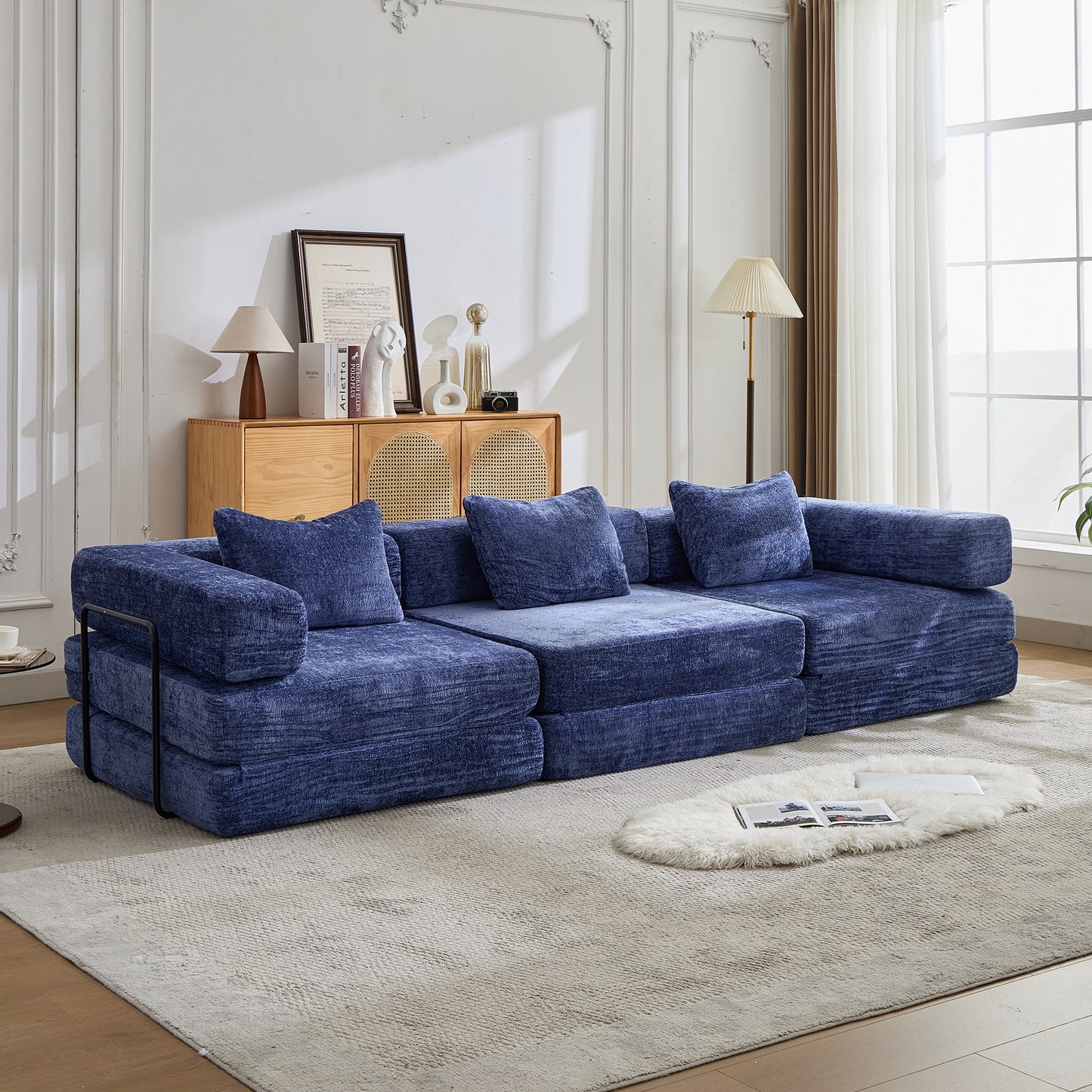 Compression Sofa,Convertible Floor Sofa Bed With Fixed-Shape Frame, Boneless Modular Sectional Sofa,No Assembly Required,Chenille Fabric,for Living Room Bedroom,Dark Blue