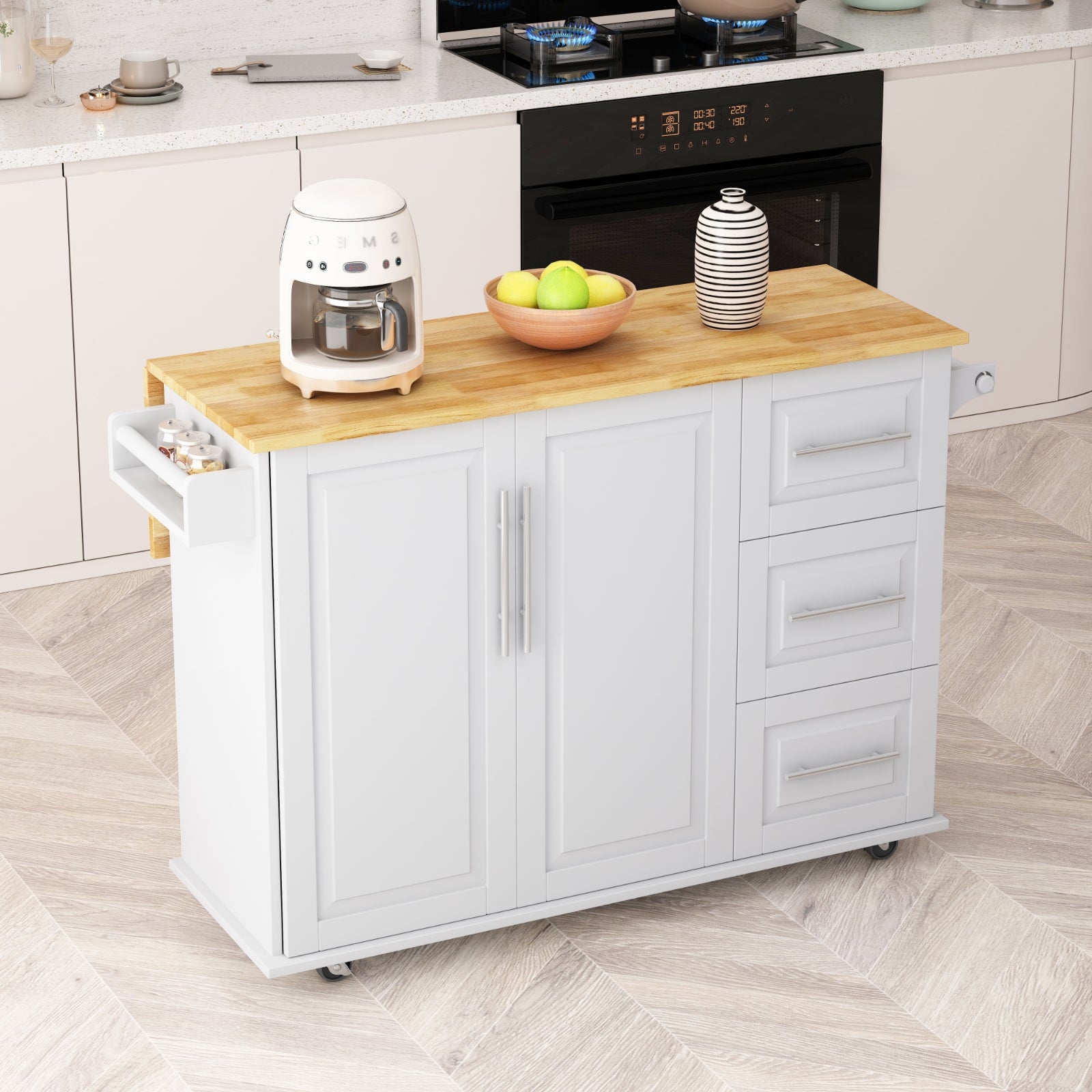 Carrito de Isla de Cocina con Gabinete, 3 Cajones, Estante para Especias, Estante para Toallas, 43.31 de Ancho