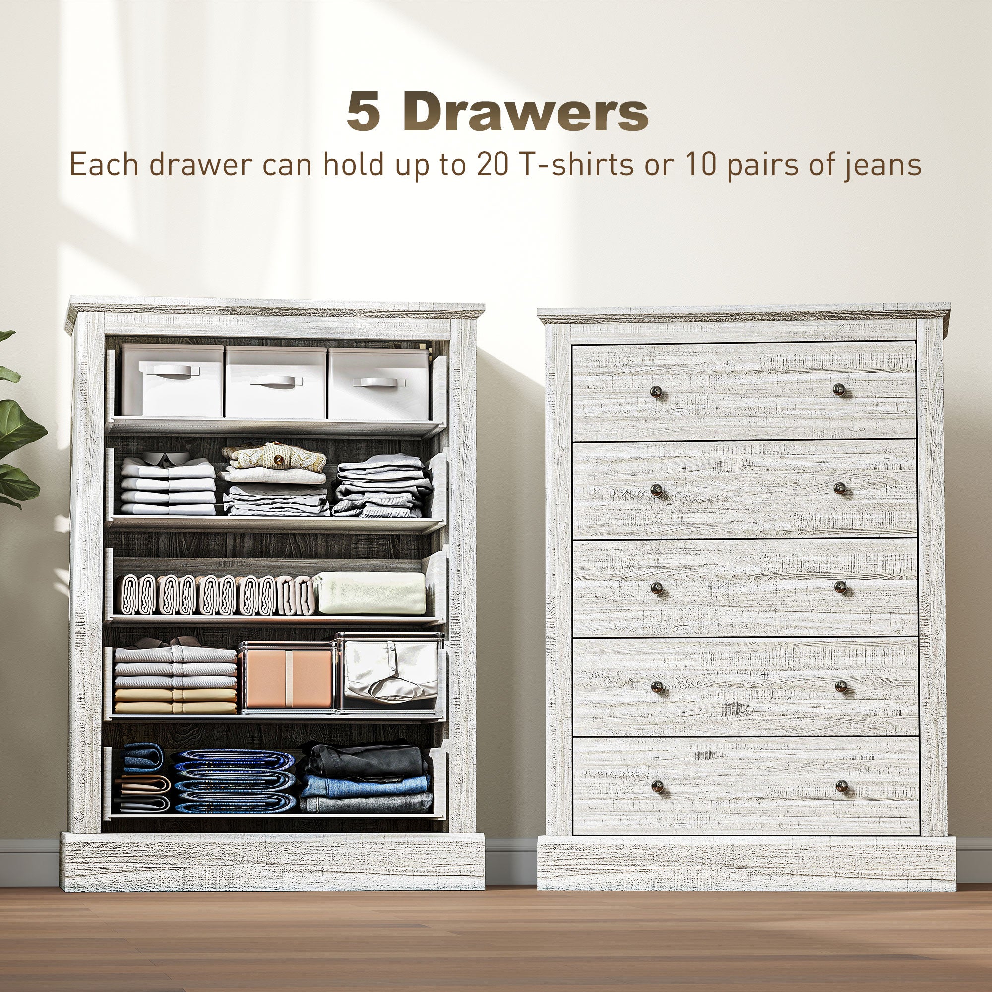 Cómoda de Granja Ancha de 31 Pulgadas con 5 Cajones, Mueble para Dormitorio con Superficie de Madera para Sala de Estar, Roble Sucio