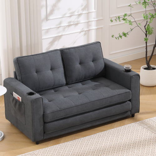 VIDEO Provided 3-in-1 Upholstered Futon Sofa Convertible Sofa Bed,Foldable Tufted Loveseat With Pull Out Sleeper Couch Bed
