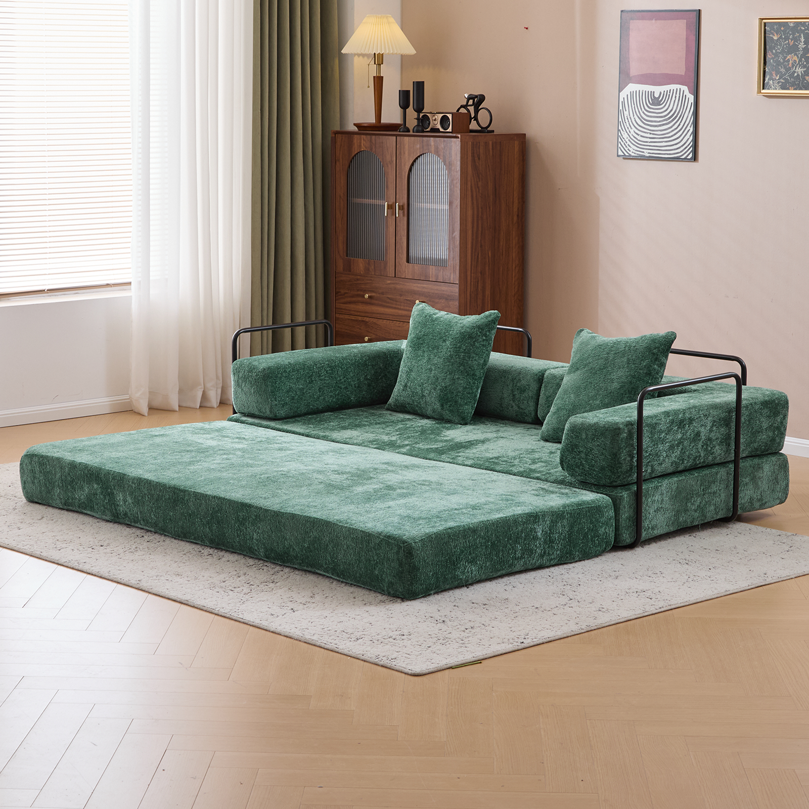 Sofá de Suelo, Sofá con Compresión, Sofá Cama Convertible de Suelo - con Soporte para la Espalda en Forma de Almohada y Reposabrazos, Sofá Futón Cómodo para Descanso y Cama para Dormir, Tela de Chenilla, para Sala de Estar y Dormitorio en Verde Oscuro