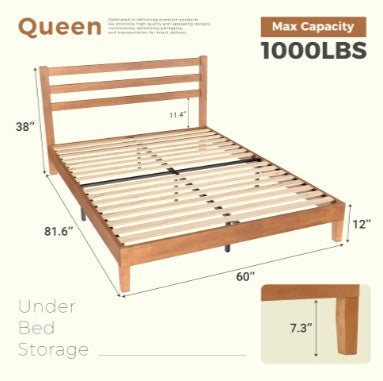 Solid Wood Bed Frame - Mattress Base With Headboard, No Spring Box Required, 1100 Pounds Of Sturdy Wooden Strips For Support