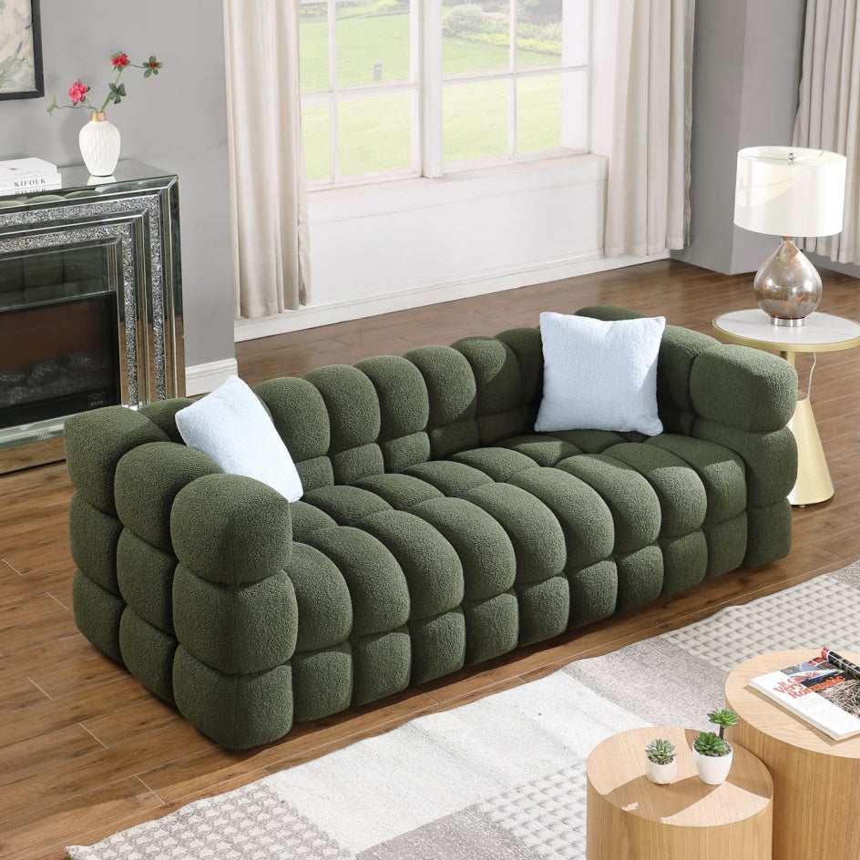 84,3 Longitud, 35,83 pulgadas de Profundidad, Estructura para el Cuerpo Humano de Personas de EE.UU., Sofá Marshmallow, Sofá Bouclé, de 3 Plazas, VERDE OLIVA BOUCLE