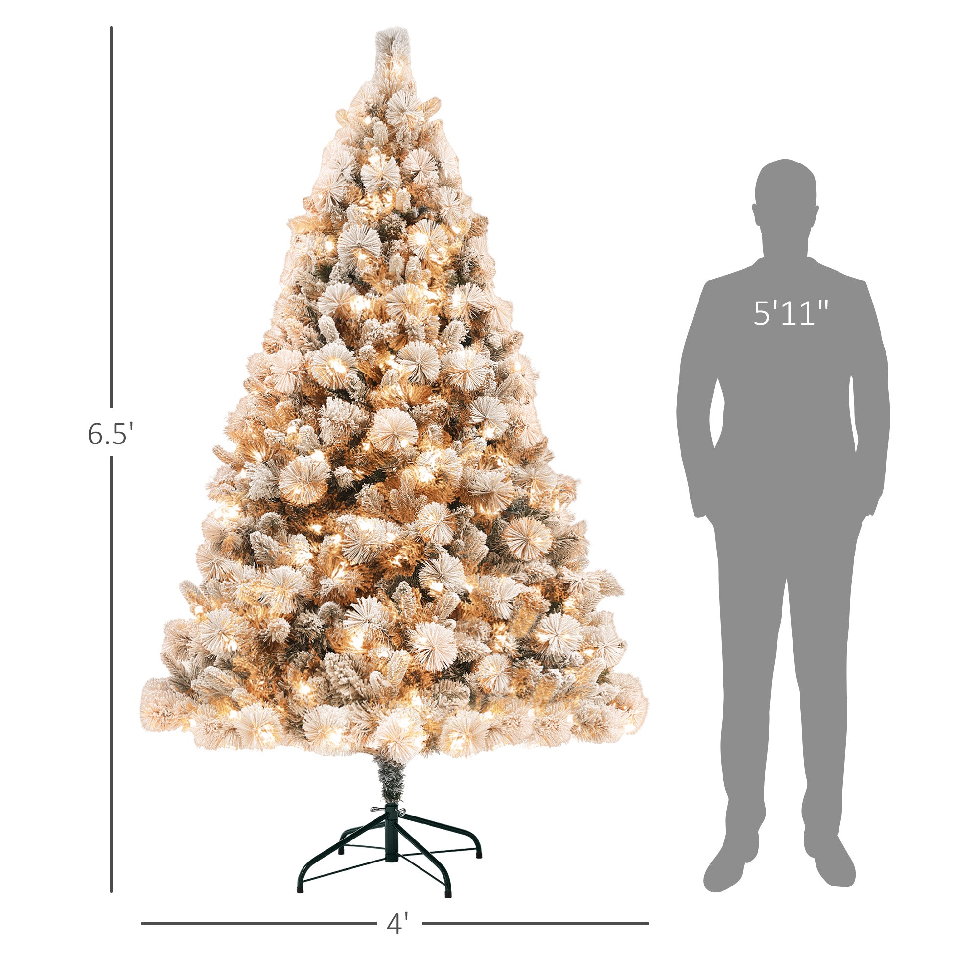 HOMCOM 2 m vorbeleuchteter künstlicher Weihnachtsbaum mit 350 klaren Lichtern und 1107 Ästen, schneebeflockter Weihnachtsbaum mit Metallständer, klappbarer Weihnachtsbaum für Zuhause, Büro und Feiertage, Grün
