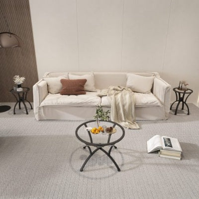 Juego de Mesas de Café de 3 Piezas con Superficie de Vidrio Templado, Mesa de Café Decorativa Redonda de Extremo Lateral con Construcción Robusta para Sala de Estar en Negro Rústico