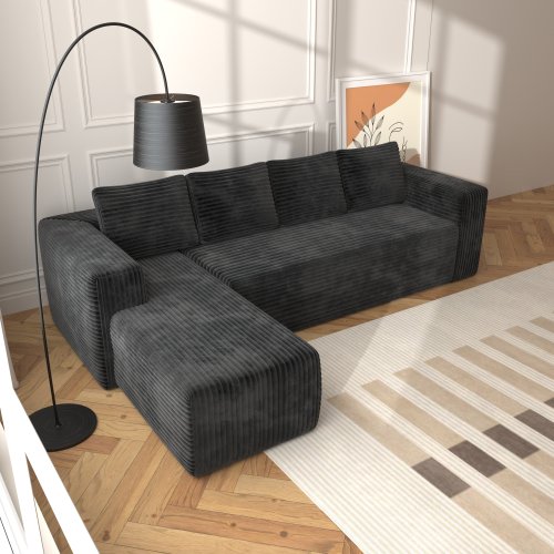 Sofá Seccional Cloud con Chaise en Forma de L, Sofá Modular Moderno con Asiento Profundo, Sofás Tapizados con Chaise Orientado a la Derecha para Sala de Estar o Dormitorio, Sin Ensamblaje Requerido, Tela de Terciopelo Negro Suave