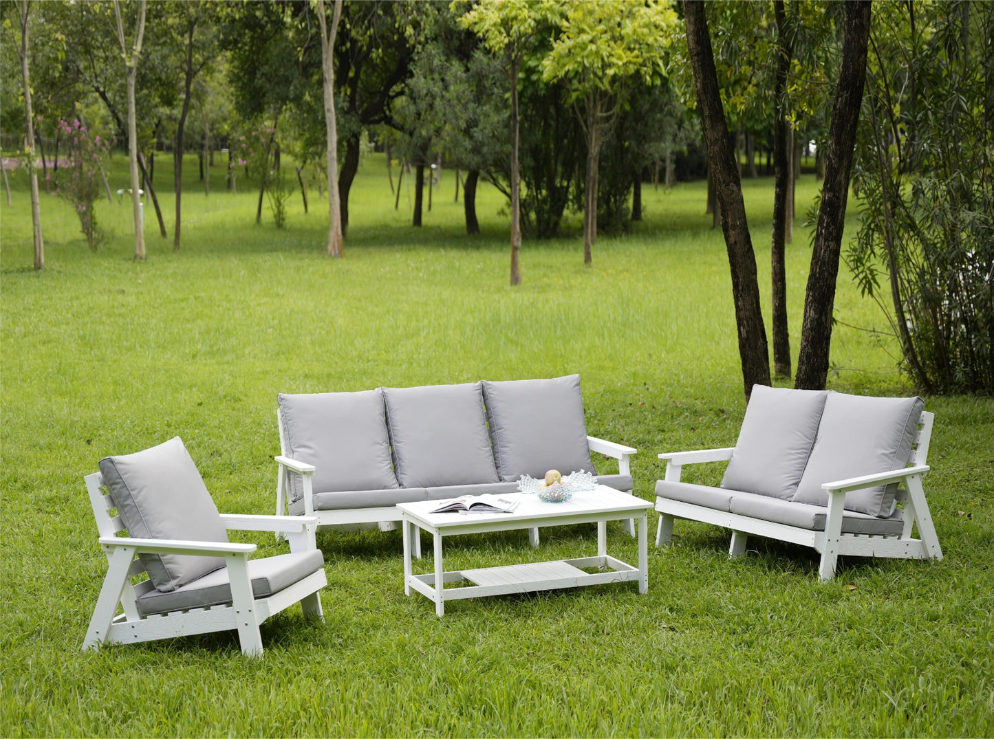 HIPS 3 Seater Sofa With Cushion, Wood Grain Outdoor Garden Sofa,White Grey