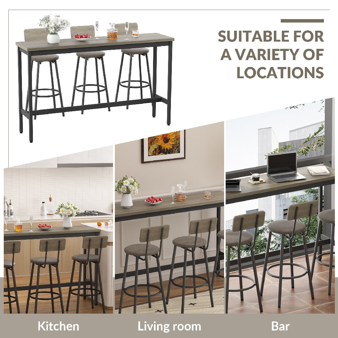 Only Supports Self Pickup-Long Dining Table Set With 3 PU Upholstered Bar Stools, Dining Table And Chairs Set, Industrial High Coffee Table And Back Chair