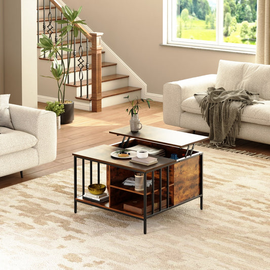 Farmhouse Lift Top Coffee Table With Storage Adjustable Height Living Room Table, Multifunctional Center For Family With Hidden Compartment & 3 Shelves110lbs Capacity, Easy To Clean