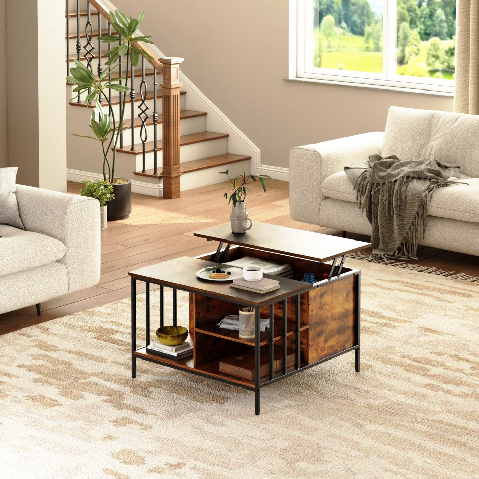 Mesa de Centro Elevable de Estilo Granja con Almacenamiento, Altura Ajustable para Sala de Estar, Centro Multifuncional para la Familia con Compartimento Oculto y 3 Estantes, Capacidad de 110 libras, Fácil de Limpiar
