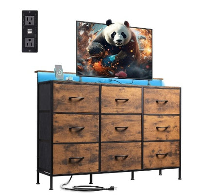 47-inch TV Stand For Up To 55 Inch TVs, Entertainment Center With RGB LED Lights & Charging Station, Media Console With 9 Fabric Drawers