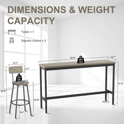 Only Supports Self Pickup-Long Dining Table Set With 3 PU Upholstered Bar Stools, Dining Table And Chairs Set, Industrial High Coffee Table And Back Chair