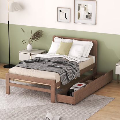 Marco de Cama Plataforma de Tamaño Individual con Diseño Moderno y 2 Cajones para Color Nogal