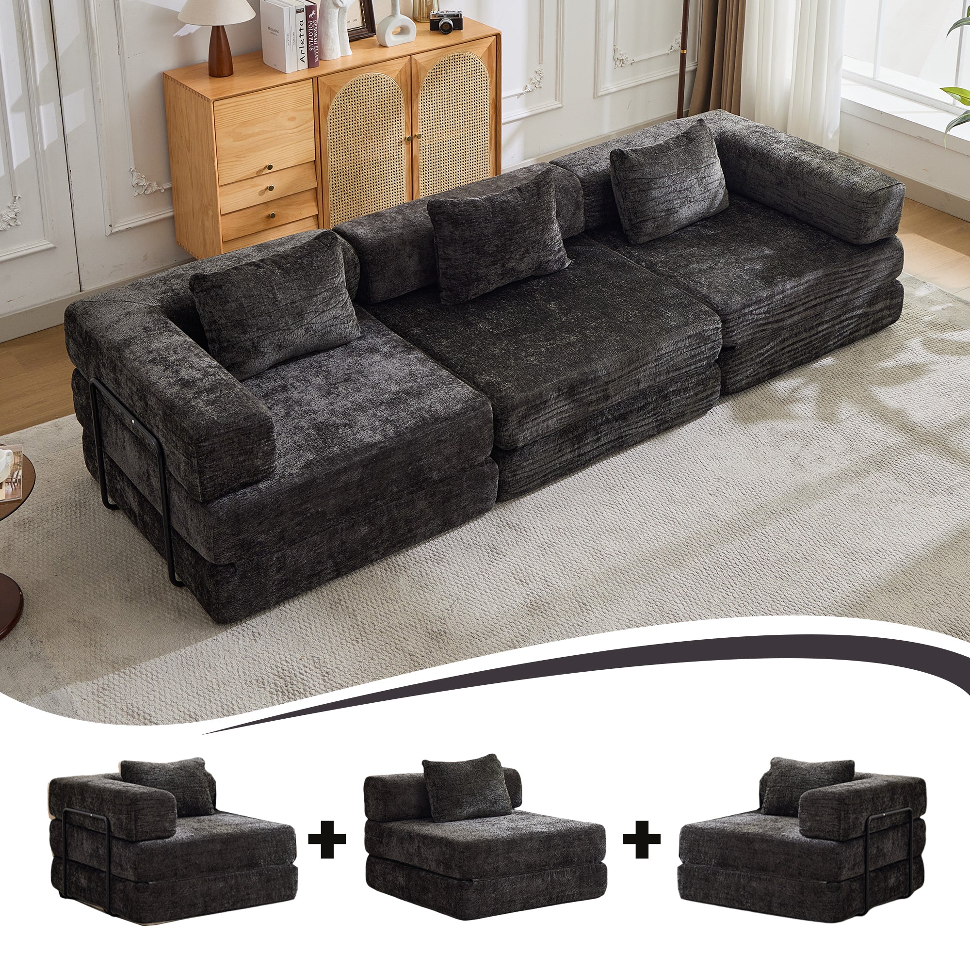 Sofá de Compresión, Sofá Cama Convertible para el Suelo con Marco de Forma Fija, Sofá Seccional Modular sin Huesos, Sin Ensamblaje Requerido, Tela de Chenille, para Sala de Estar y Dormitorio, Negro