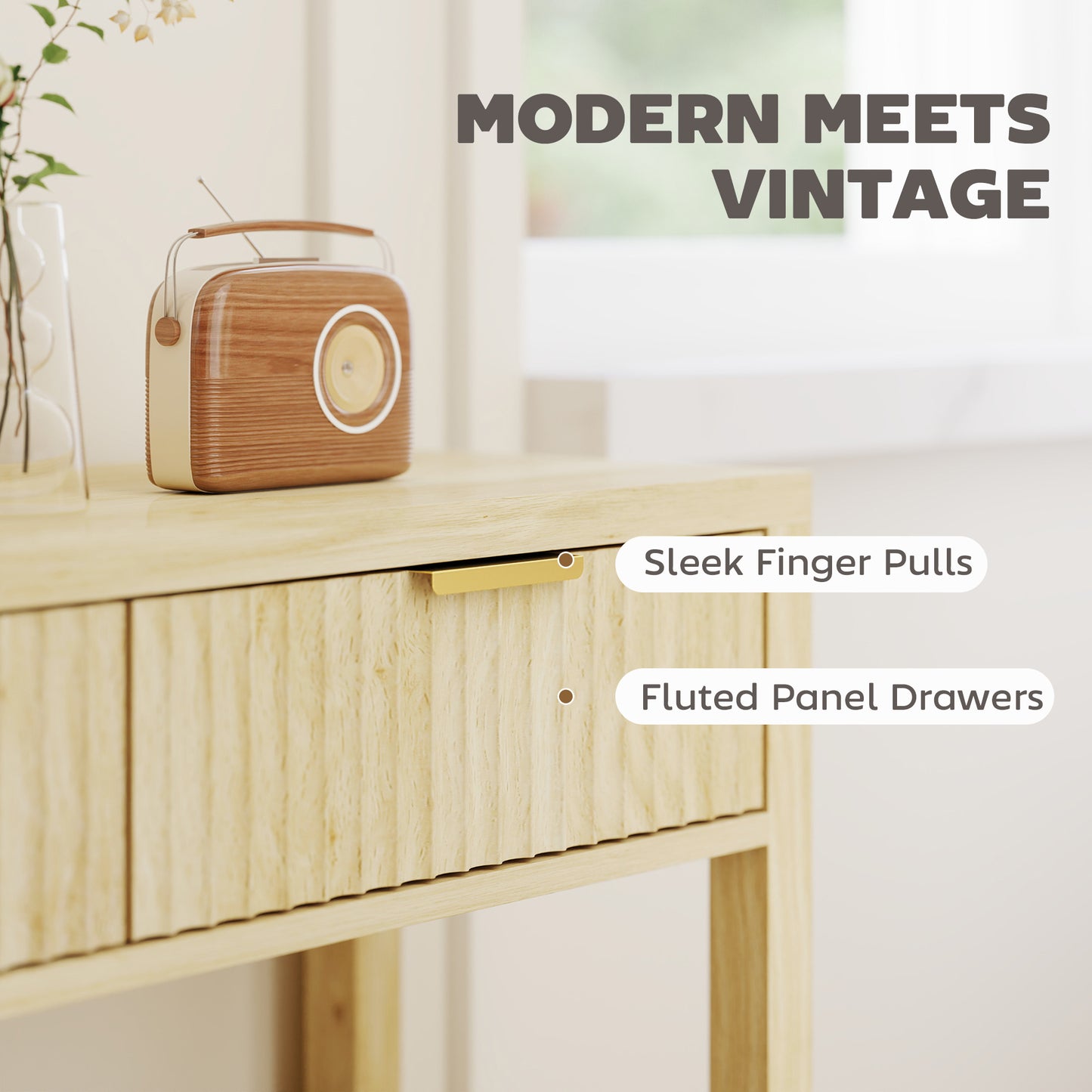 35" Console Table with Storage, Narrow Entryway Table with Fluted Panel Drawers and Shelf for Hallway, Natural