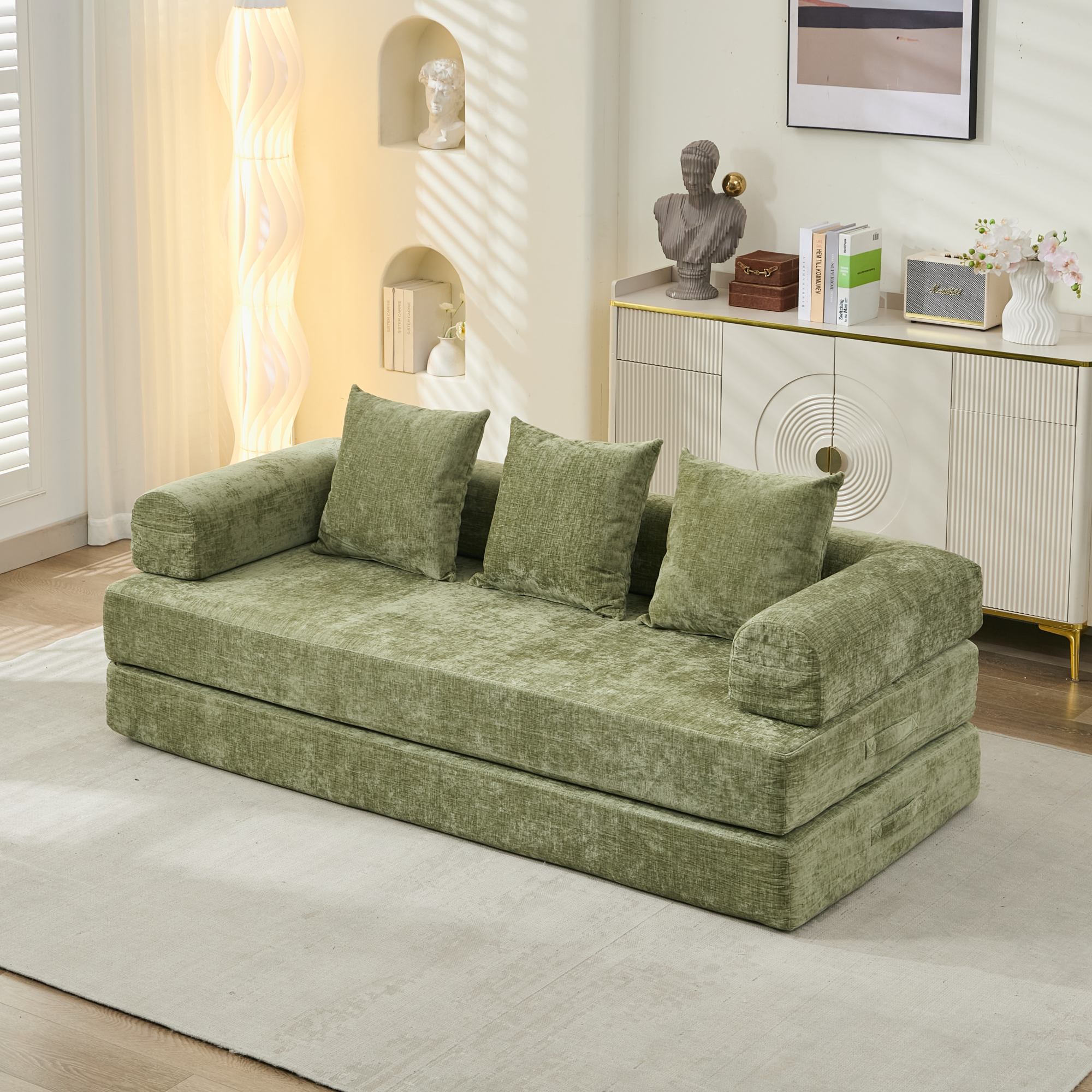 Sofá Colchón Plegable Convertible Cómodo, Sofá Cama para el Suelo, Sofá para el Suelo de Chenille con Reposabrazos, Sofá Lounge para el Suelo para Sala de Estar, Dormitorio, Lounge, Estudio-Verde