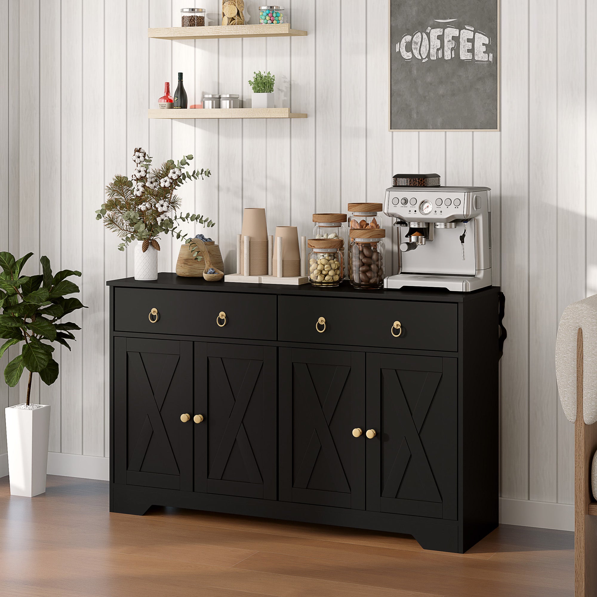 Aparador de Almacenamiento para Cocina, Buffet de Estilo Granja con Puertas de Estilo Granero, Cajones, Estanterías Ajustables, Negro