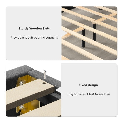 Estructura de Cama Queen, Cabecero de Almacenamiento en Lino, Fuerte y Estable, Sin Ruido, Almacenamiento Bajo la Cama, Sin Resorte de Caja, Peso 485 lbs