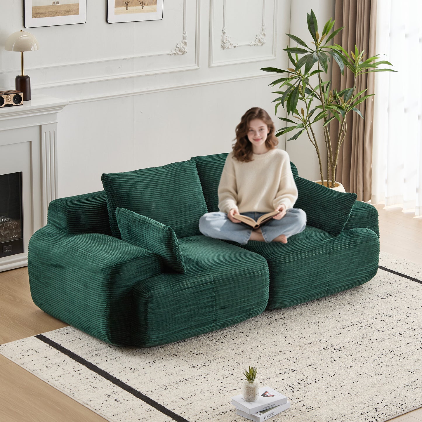 Modern Memory Foam Compressed Sofa,2 Seater Large Sectional Couches For Living Room,Pet-Friendly Cloud Modular Sectional Sofa,Corduroy Fabric,Extra Deep Loveseat,No Assembly Required, Green