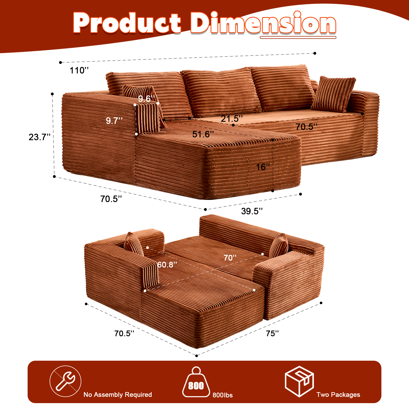 Brown Corduroy Sectional Sofa Modular Deep Seat