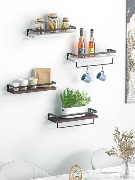 Estantería Flotante para Baño con Barra para Toallas; Conjunto de 2 Estanterías de Pared para Baño, Sala de Estar, Cocina, Dormitorio; Marrón Claro; Marrón Oscuro; Negro.