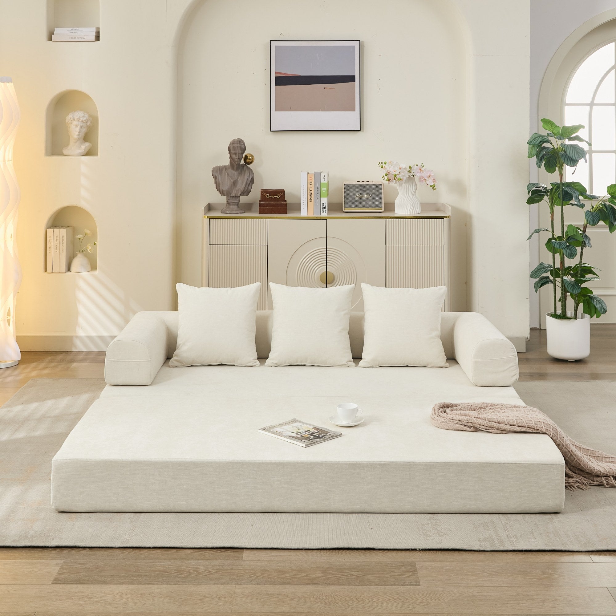 Cómodo Sofá Cama Plegable Convertible, Sofá Cama para el Suelo, Sofá de Suelo de Chenilla con Reposabrazos, Sofá Lounge para el Suelo para Sala de Estar, Dormitorio, Sala de Estar o Estudio-Beige