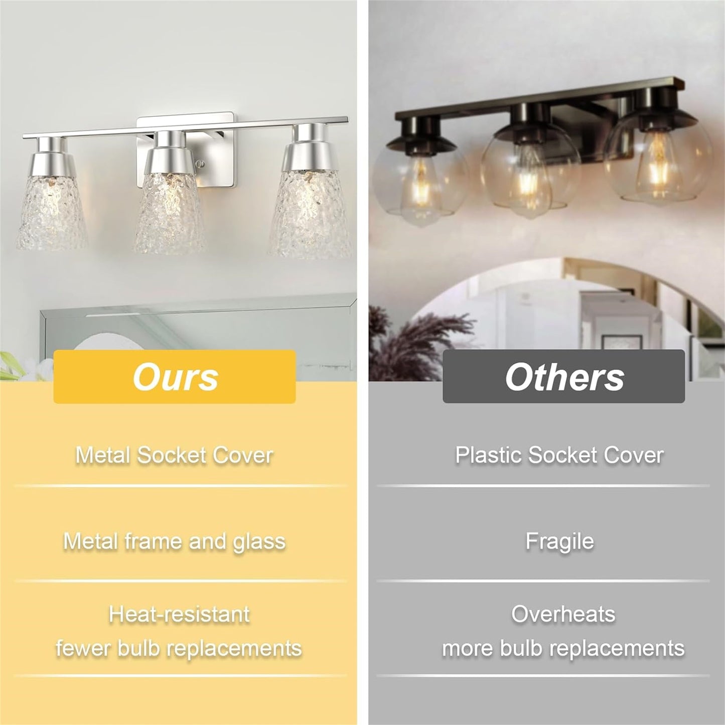 3 Light Brushed Nickel Bathroom Vanity Light Fixtures With Clear Hammered Glass Shade, 22 Inch Bathroom Lighting Fixtures Over Mirror, For Bathroom Shower Toilet