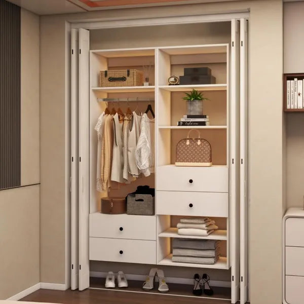 White Modular Closet System With Integrated Drawers