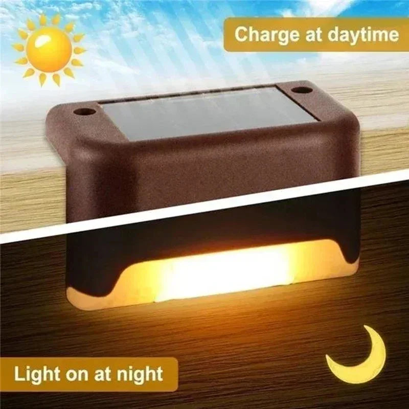Brown plastic solar step light with built-in warm led illumination for outdoor garden stairs deck and patio decor