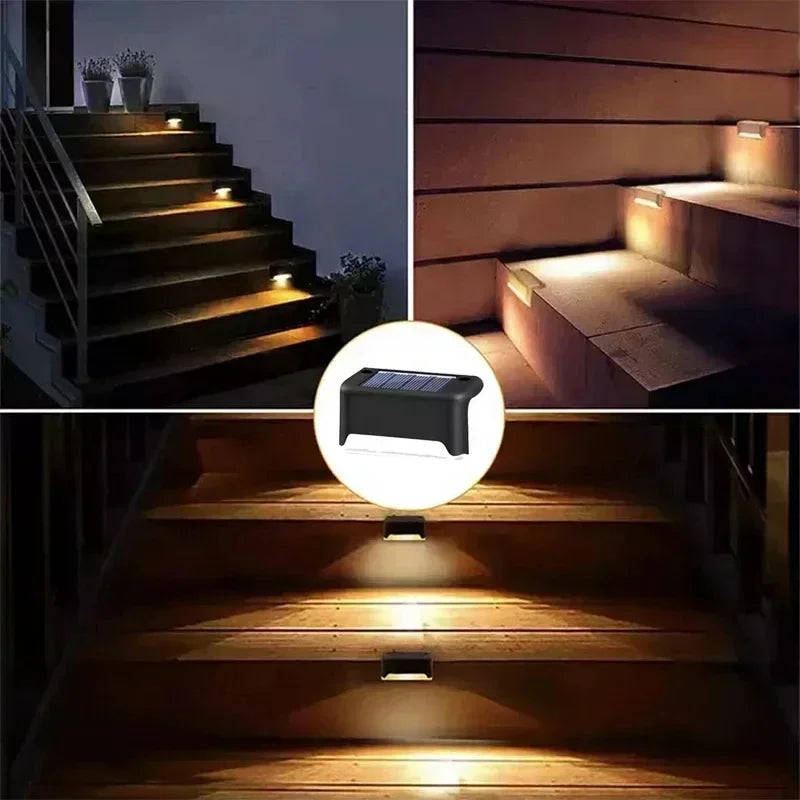Black solar-powered step light with sleek rectangular design and integrated led illumination for outdoor garden use