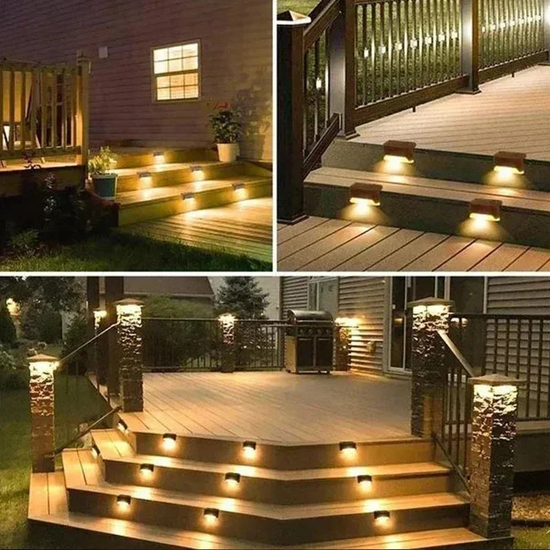 Warm-toned solar led outdoor deck step lights with sleek modern design mounted on wooden stairs for safe nighttime use