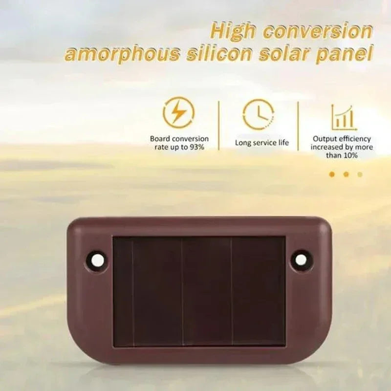 Brown rectangular amorphous silicon solar panel with rounded corners and mounting holes for outdoor solar LED garden lights