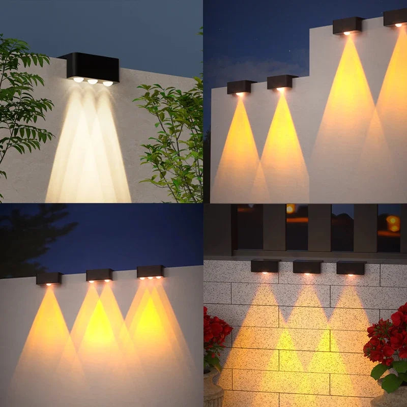 Black rectangular led solar wall lights with ip65 waterproof rating and adjustable warm or cool white beams for outdoor use