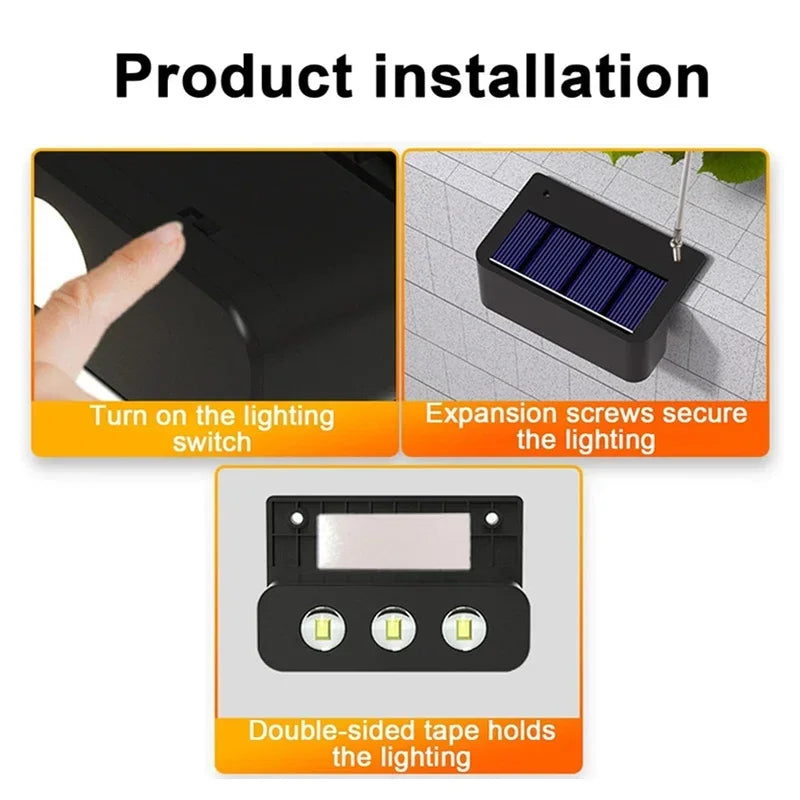 Black rectangular led solar wall light with three bulbs ip65 waterproof outdoor for porch stair yard decor
