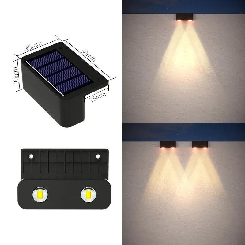 Black rectangular led solar wall light with two warm white bulbs ip65 waterproof for outdoor porch and garden decor