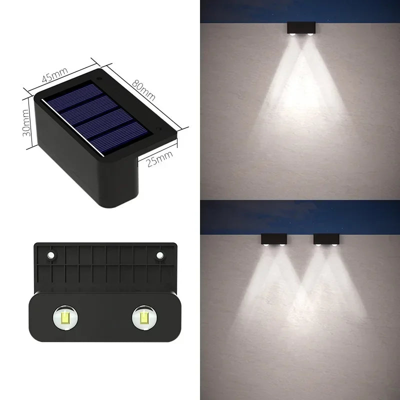 Black rectangular led solar wall light with blue solar panel and two white leds ip65 waterproof for outdoor use