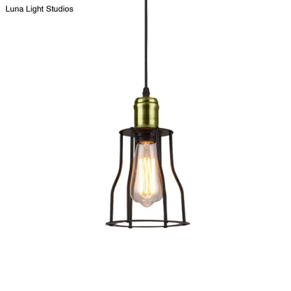 Lámpara colgante metálica suspendida de bronce/latón con 1 bombilla - Mini lámpara industrial de jaula de alambre para sala de estar