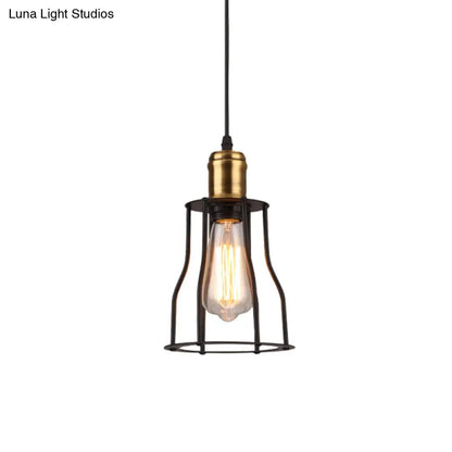 Lámpara colgante metálica suspendida de bronce/latón con 1 bombilla - Mini lámpara industrial de jaula de alambre para sala de estar